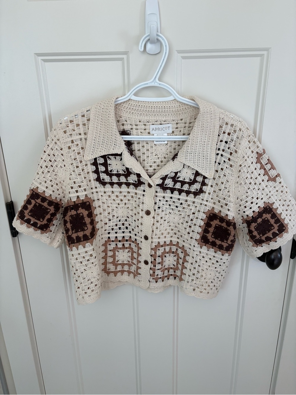 APRICOT Crochet Button-Up Short Sleeve Top - Cream, Brown & Tan